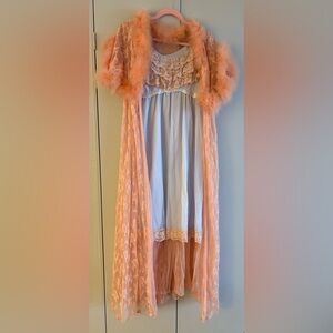 Vintage Pink Lace Robe with Feather Trim